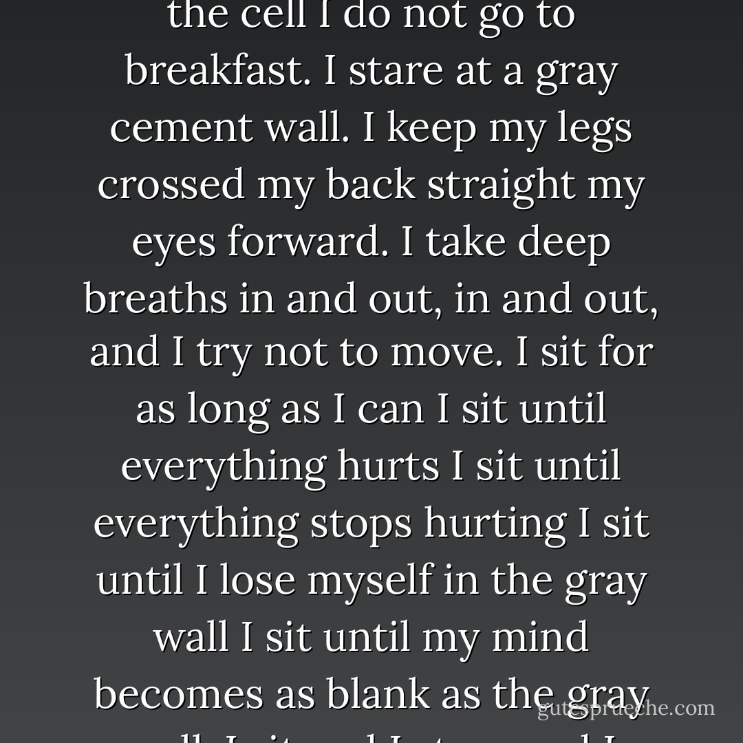 My life is routine. I wake up early in the morning. I brush my teeth. I sit on the floor of the cell I do not go to breakfast. I stare at a gray cement wall. I keep my legs crossed my back straight my eyes forward. I take deep breaths in and out, in and out, and I try not to move. I sit for as long as I can I sit until everything hurts I sit until everything stops hurting <b>I sit until I lose myself</b> in the gray wall I sit until my mind becomes as blank as the gray wall. I sit and I stare and I breathe. I sit and I stare. <b>I breathe.</b> - James Frey