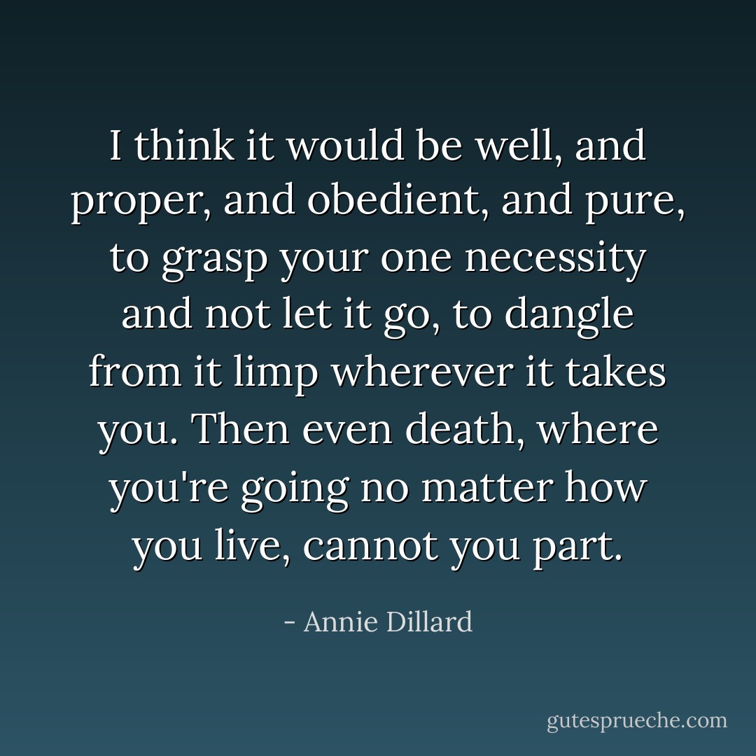 I think it would be well, and proper, and obedient, and pure, to grasp your one necessity and not let it go, to dangle from it limp wherever it takes you. Then even death, where you're going no matter how you live, cannot you part. - Annie Dillard