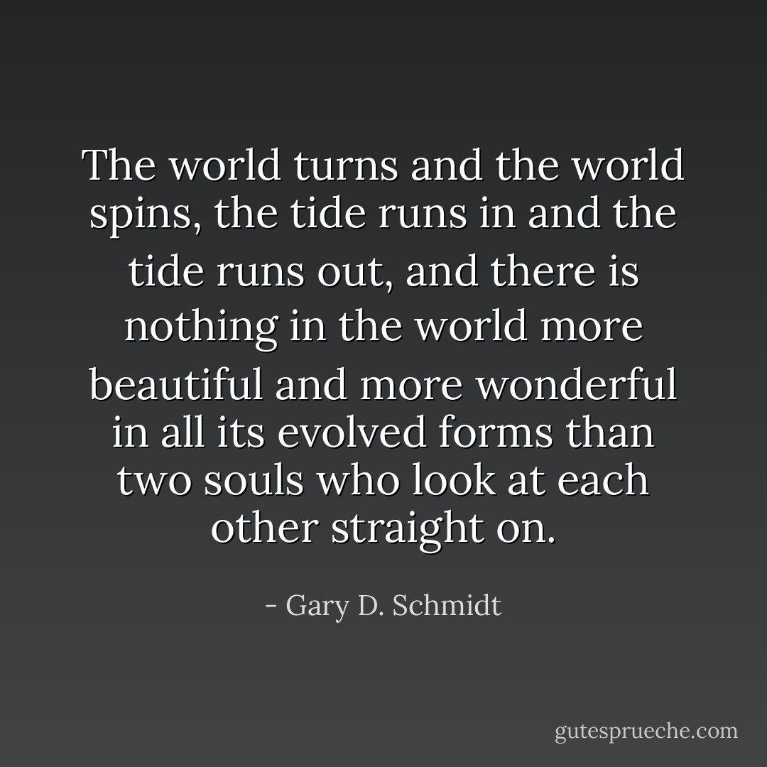 The world turns and the world spins, the tide runs in and the tide runs out, and there is nothing in the world more beautiful and more wonderful in all its evolved forms than two souls who look at each other straight on. - Gary D. Schmidt