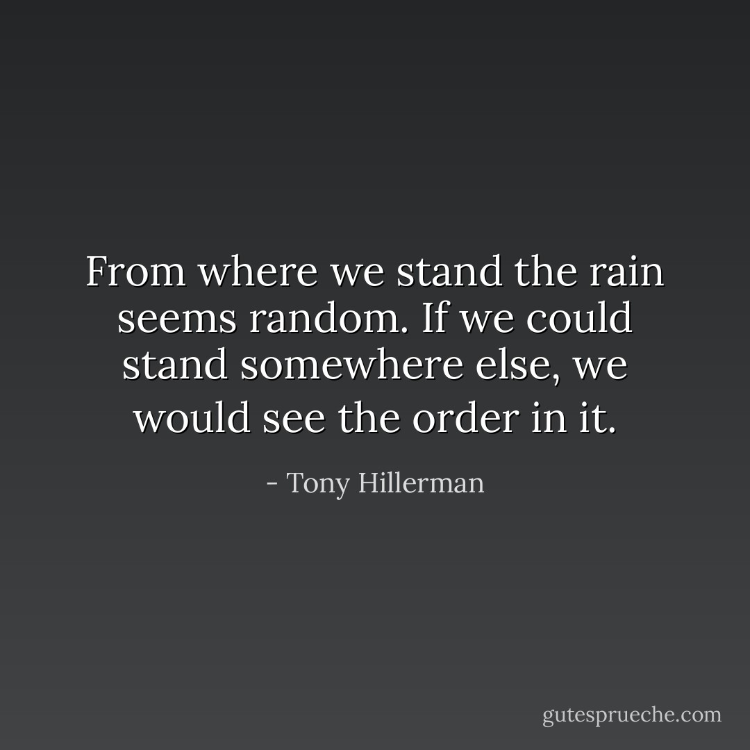 From where we stand the rain seems random. If we could stand somewhere else, we would see the order in it. - Tony Hillerman