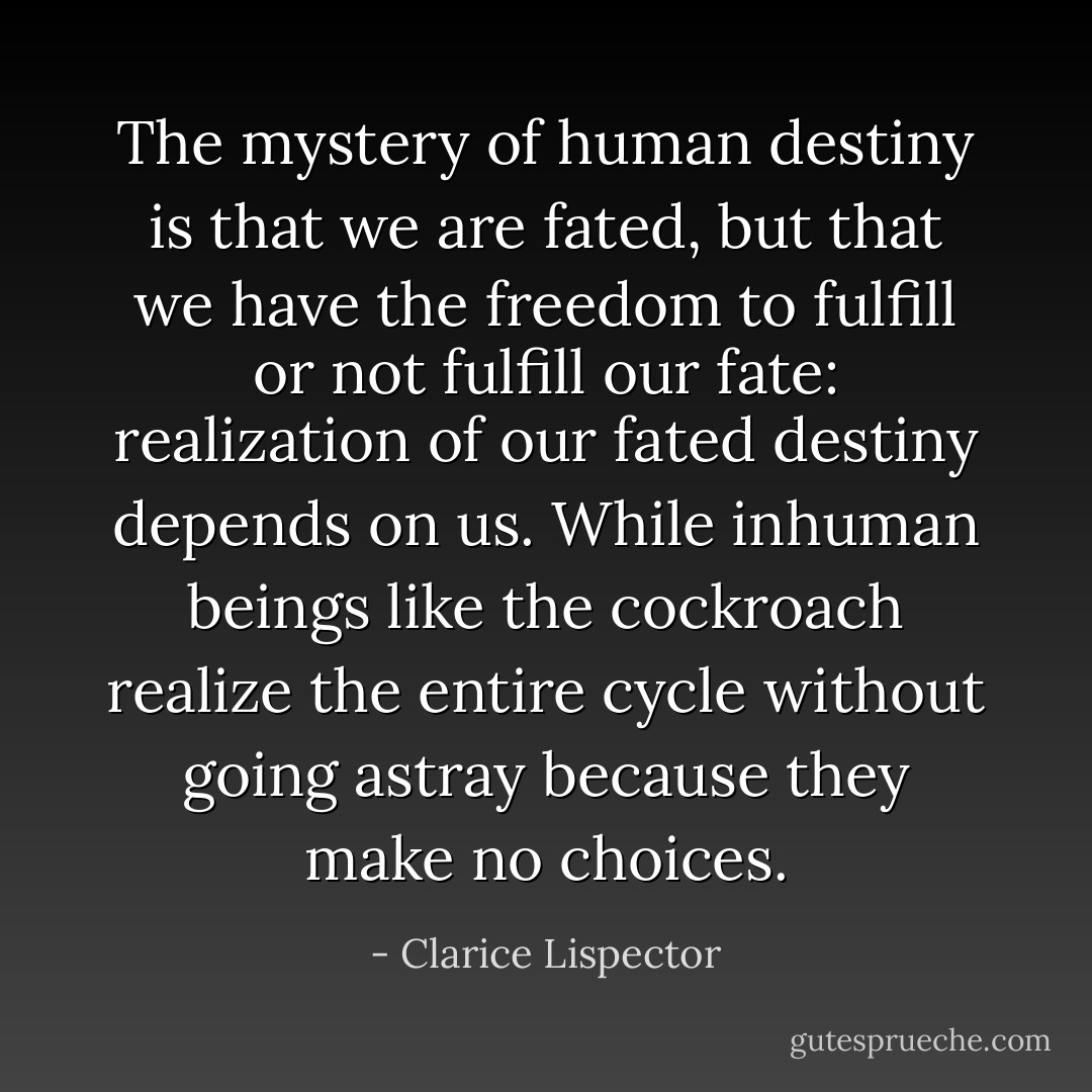 The mystery of human destiny is that we are fated, but that we have the freedom to fulfill or not fulfill our fate: realization of our fated destiny depends on us. While inhuman beings like the cockroach realize the entire cycle without going astray because they make no choices. - Clarice Lispector