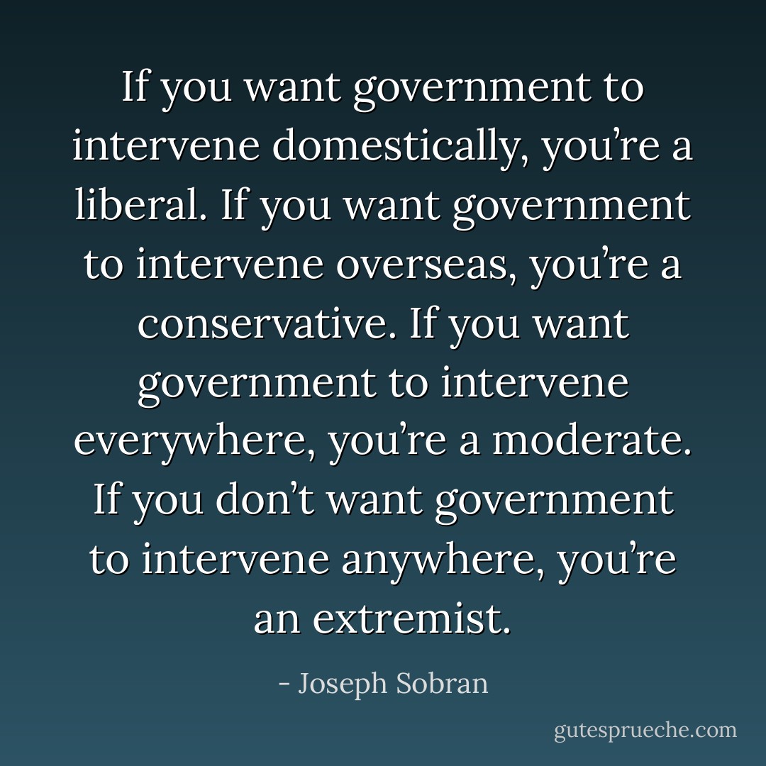 If you want government to intervene domestically, you’re a liberal. If you want government to intervene overseas, you’re a conservative. If you want government to intervene everywhere, you’re a moderate. If you don’t want government to intervene anywhere, you’re an extremist. - Joseph Sobran