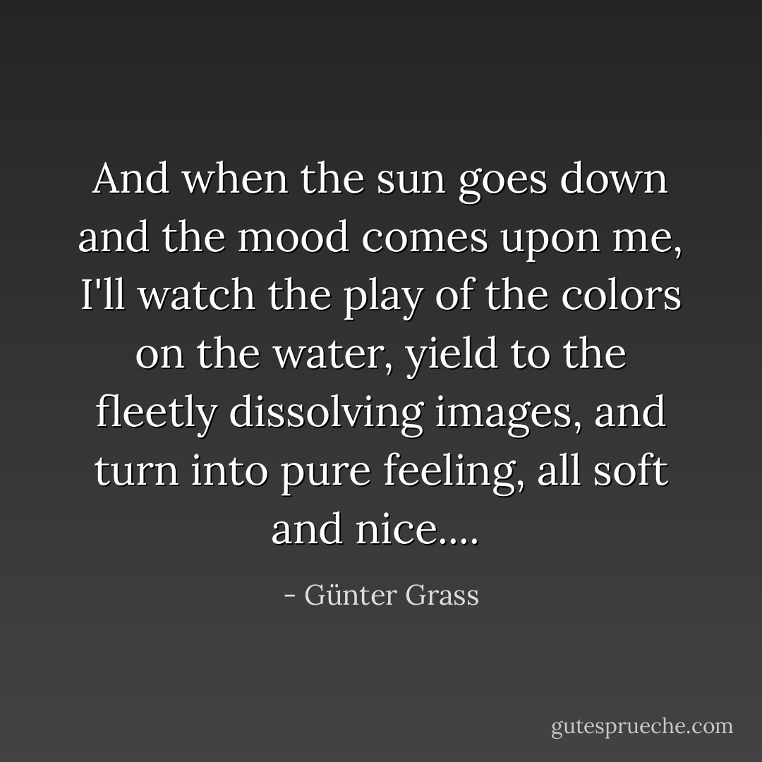 And when the sun goes down and the mood comes upon me, I'll watch the play of the colors on the water, yield to the fleetly dissolving images, and turn into pure feeling, all soft and nice....  - Günter Grass
