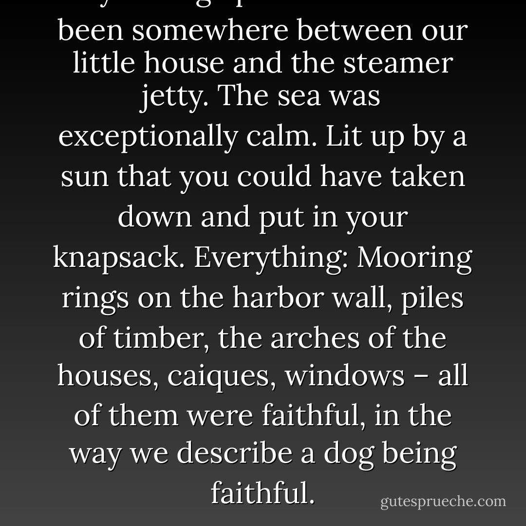 My vantage point must have been somewhere between our little house and the steamer jetty. The sea was exceptionally calm. Lit up by a sun that you could have taken down and put in your knapsack. Everything: Mooring rings on the harbor wall, piles of timber, the arches of the houses, caiques, windows – all of them were faithful, in the way we describe a dog being faithful. - George Seferis