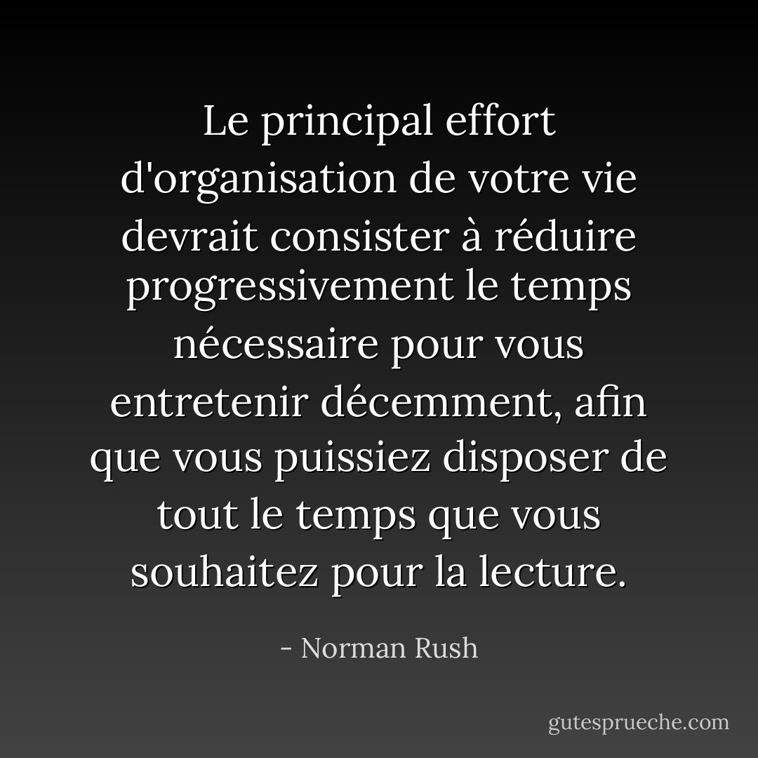 Le principal effort d'organisation de votre vie devrait consister à réduire progressivement le temps nécessaire pour vous entretenir décemment, afin que vous puissiez disposer de tout le temps que vous souhaitez pour la lecture. - Norman Rush