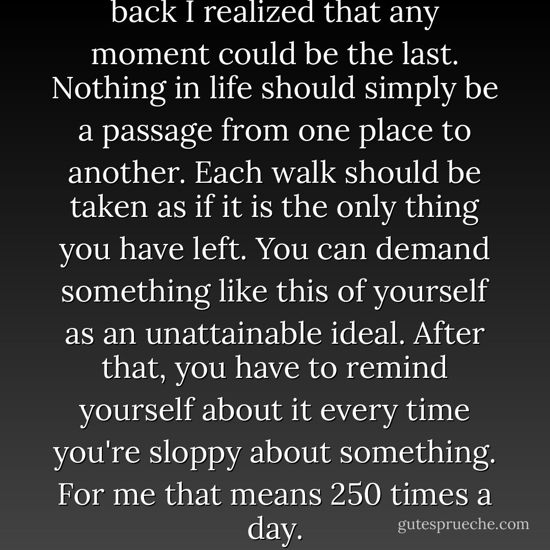 When my mother didn't come back I realized that any moment could be the last. Nothing in life should simply be a passage from one place to another. Each walk should be taken as if it is the only thing you have left. You can demand something like this of yourself as an unattainable ideal. After that, you have to remind yourself about it every time you're sloppy about something. For me that means 250 times a day. - Peter Høeg