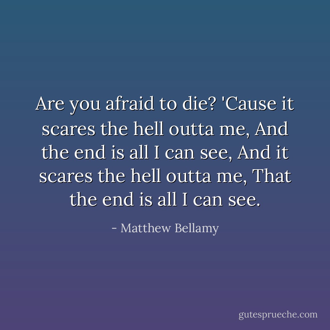 Are you afraid to die?<br />'Cause it scares the hell outta me,<br />And the end is all I can see,<br />And it scares the hell outta me,<br />That the end is all I can see. - Matthew Bellamy