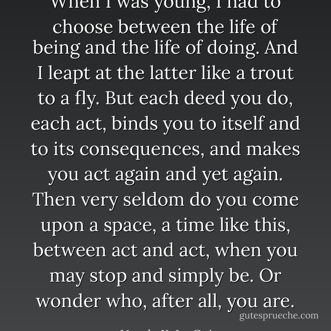 When I was young, I had to choose between the life of being and the life of doing. And I leapt at the latter like a trout to a fly. But each deed you do, each act, binds you to itself and to its consequences, and makes you act again and yet again. Then very seldom do you come upon a space, a time like this, between act and act, when you may stop and simply be. Or wonder who, after all, you are. - Ursula K. Le Guin