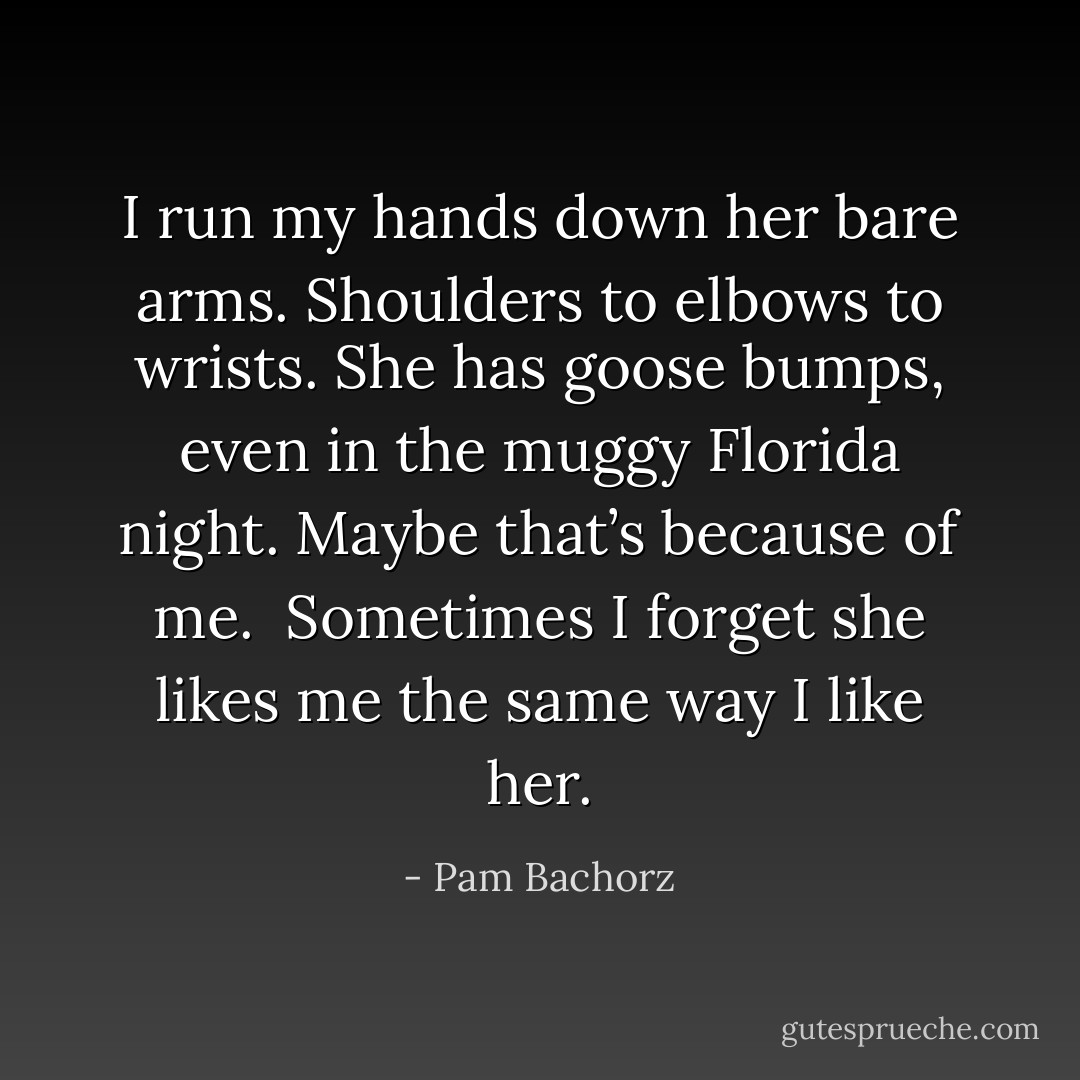 I run my hands down her bare arms. Shoulders to elbows to wrists. She has goose bumps, even in the muggy Florida night. Maybe that’s because of me.<br /><br />Sometimes I forget she likes me the same way I like her. - Pam Bachorz