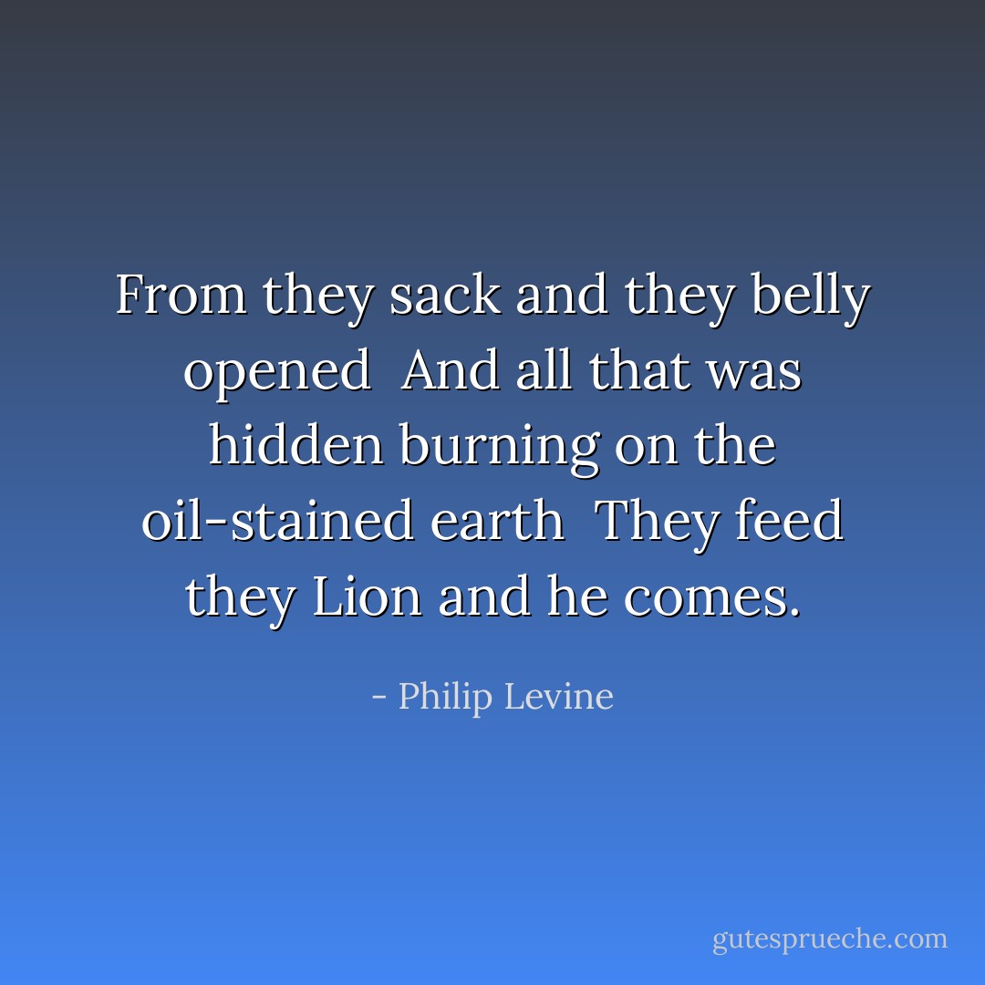 From they sack and they belly opened <br />And all that was hidden burning on the oil-stained earth <br />They feed they Lion and he comes. - Philip Levine