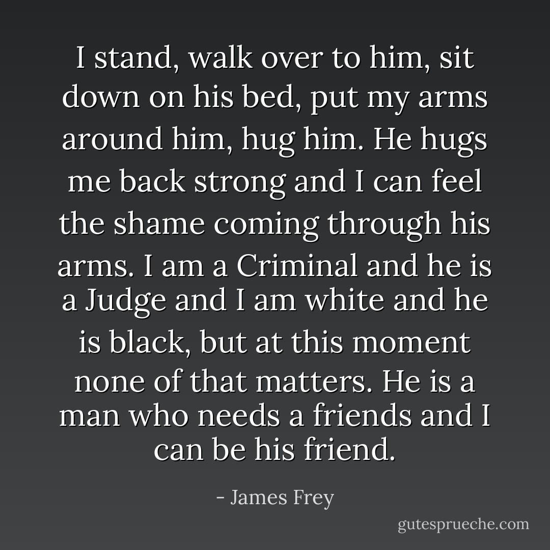 I stand, walk over to him, sit down on his bed, put my arms around him, hug him. He hugs me back strong and I can feel the shame coming through his arms. I am a Criminal and he is a Judge and I am white and he is black, but at this moment none of that matters. He is a man who needs a friends and I can be his friend. - James Frey