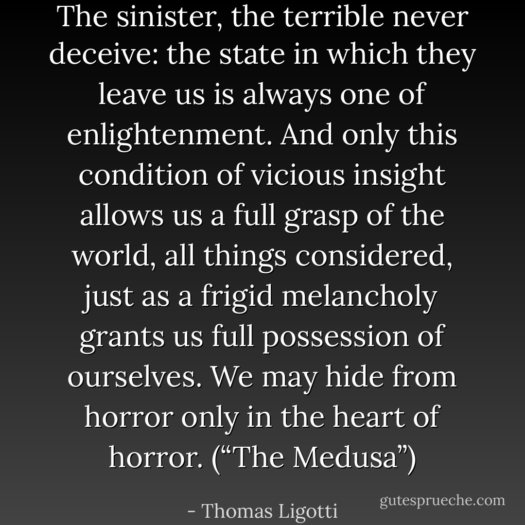 The sinister, the terrible never deceive: the state in which they leave us is always one of enlightenment. And only this condition of vicious insight allows us a full grasp of the world, all things considered, just as a frigid melancholy grants us full possession of ourselves. We may hide from horror only in the heart of horror. (“The Medusa”) - Thomas Ligotti