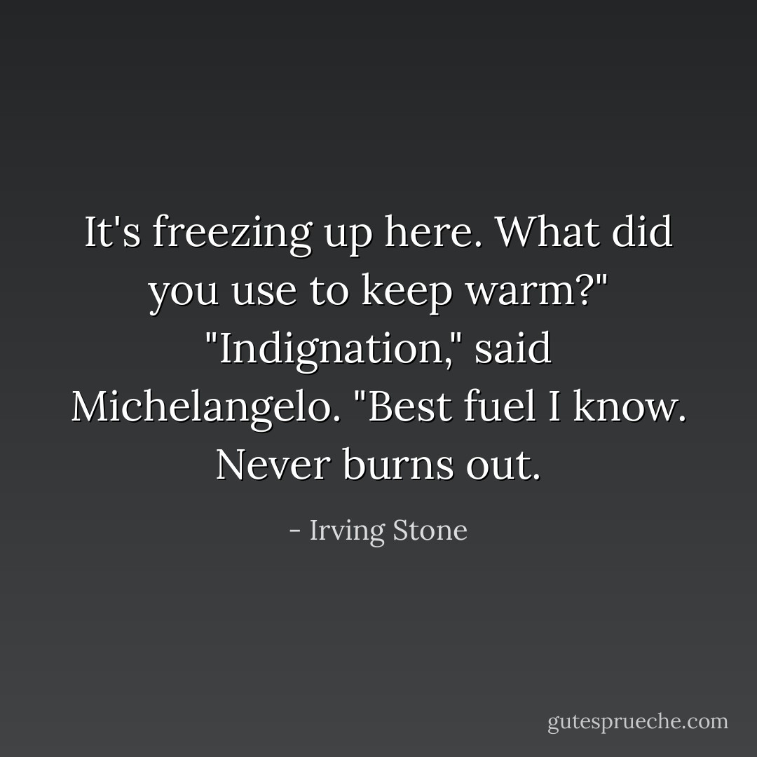 It's freezing up here. What did you use to keep warm?"<br />"Indignation," said Michelangelo. "Best fuel I know. Never burns out. - Irving Stone