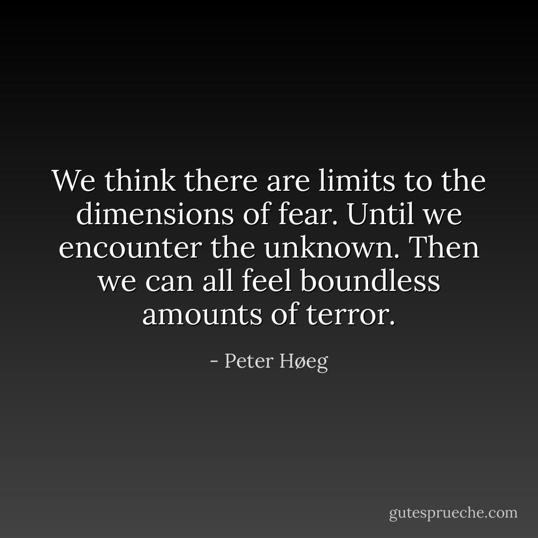 We think there are limits to the dimensions of fear. Until we encounter the unknown. Then we can all feel boundless amounts of terror. - Peter Høeg