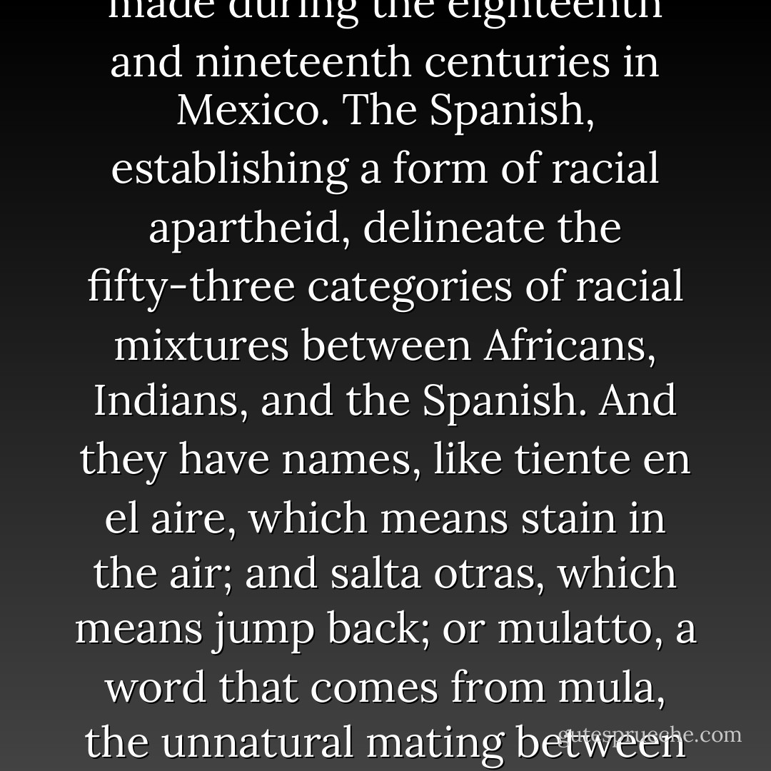 When you were talking about the caste system, I was thinking about how Mexicans still have to come to terms with this in our own culture. We spoke earlier about the castas paintings that were made during the eighteenth and nineteenth centuries in Mexico. The Spanish, establishing a form of racial apartheid, delineate the fifty-three categories of racial mixtures between Africans, Indians, and the Spanish. And they have names, like tiente en el aire, which means stain in the air; and salta otras, which means jump back; or mulatto, a word that comes from mula, the unnatural mating between the horse and the donkey. “Sambo” is now a racial epithet in the US, but it was first used as one of the fifty-three racial categories in the castas paintings. - Amalia Mesa-Bains