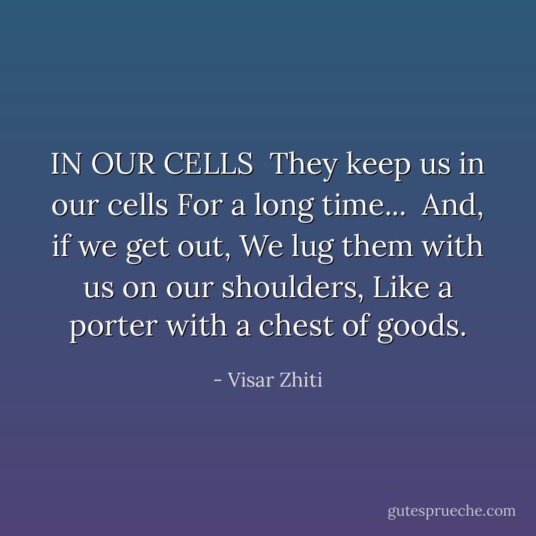 IN OUR CELLS<br /><br />They keep us in our cells<br />For a long time...<br /><br />And, if we get out,<br />We lug them with us on our shoulders,<br />Like a porter with a chest of goods. - Visar Zhiti