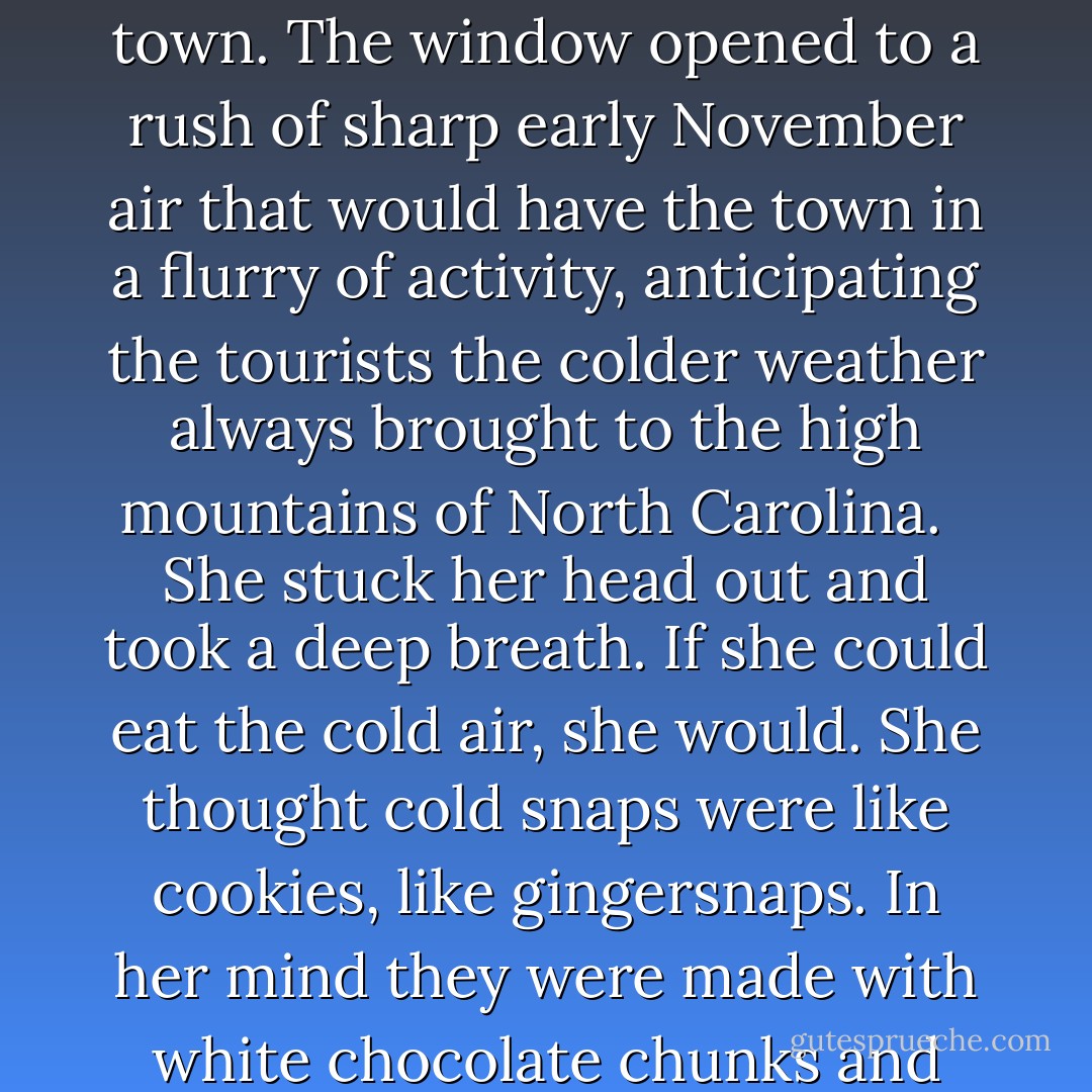 She went to the window. A fine sheen of sugary frost covered everything in sight, and white smoke rose from chimneys in the valley below the resort town. The window opened to a rush of sharp early November air that would have the town in a flurry of activity, anticipating the tourists the colder weather always brought to the high mountains of North Carolina. <br /><br />She stuck her head out and took a deep breath. If she could eat the cold air, she would. She thought cold snaps were like cookies, like gingersnaps. In her mind they were made with white chocolate chunks and had a cool, brittle vanilla frosting. They melted like snow in her mouth, turning creamy and warm. - Sarah Addison Allen