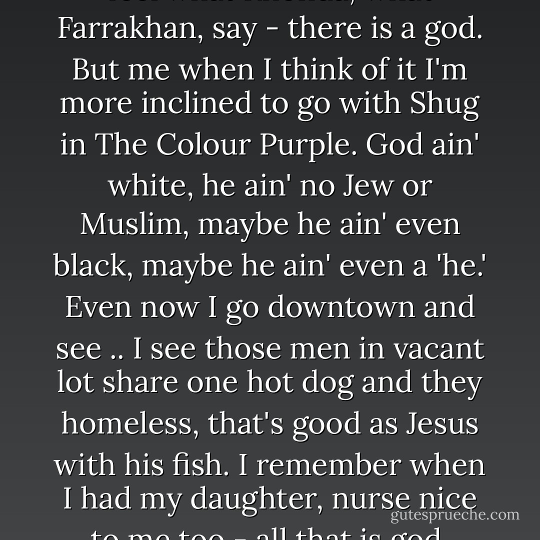 ..something like that make me feel what Rhonda, what Farrakhan, say - there is a god. But me when I think of it I'm more inclined to go with Shug in The Colour Purple. God ain' white, he ain' no Jew or Muslim, maybe he ain' even black, maybe he ain' even a 'he.' Even now I go downtown and see .. I see those men in vacant lot share one hot dog and they homeless, that's good as Jesus with his fish. I remember when I had my daughter, nurse nice to me too - all that is god. - Sapphire