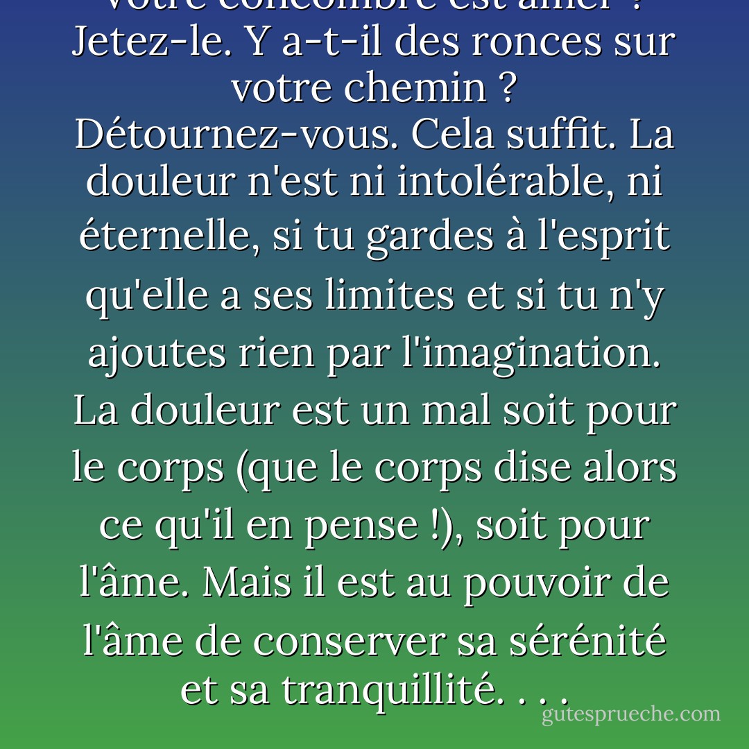 Votre concombre est amer ? Jetez-le. Y a-t-il des ronces sur votre chemin ? Détournez-vous. Cela suffit. La douleur n'est ni intolérable, ni éternelle, si tu gardes à l'esprit qu'elle a ses limites et si tu n'y ajoutes rien par l'imagination. La douleur est un mal soit pour le corps (que le corps dise alors ce qu'il en pense !), soit pour l'âme. Mais il est au pouvoir de l'âme de conserver sa sérénité et sa tranquillité. . . . - Marcus Aurelius