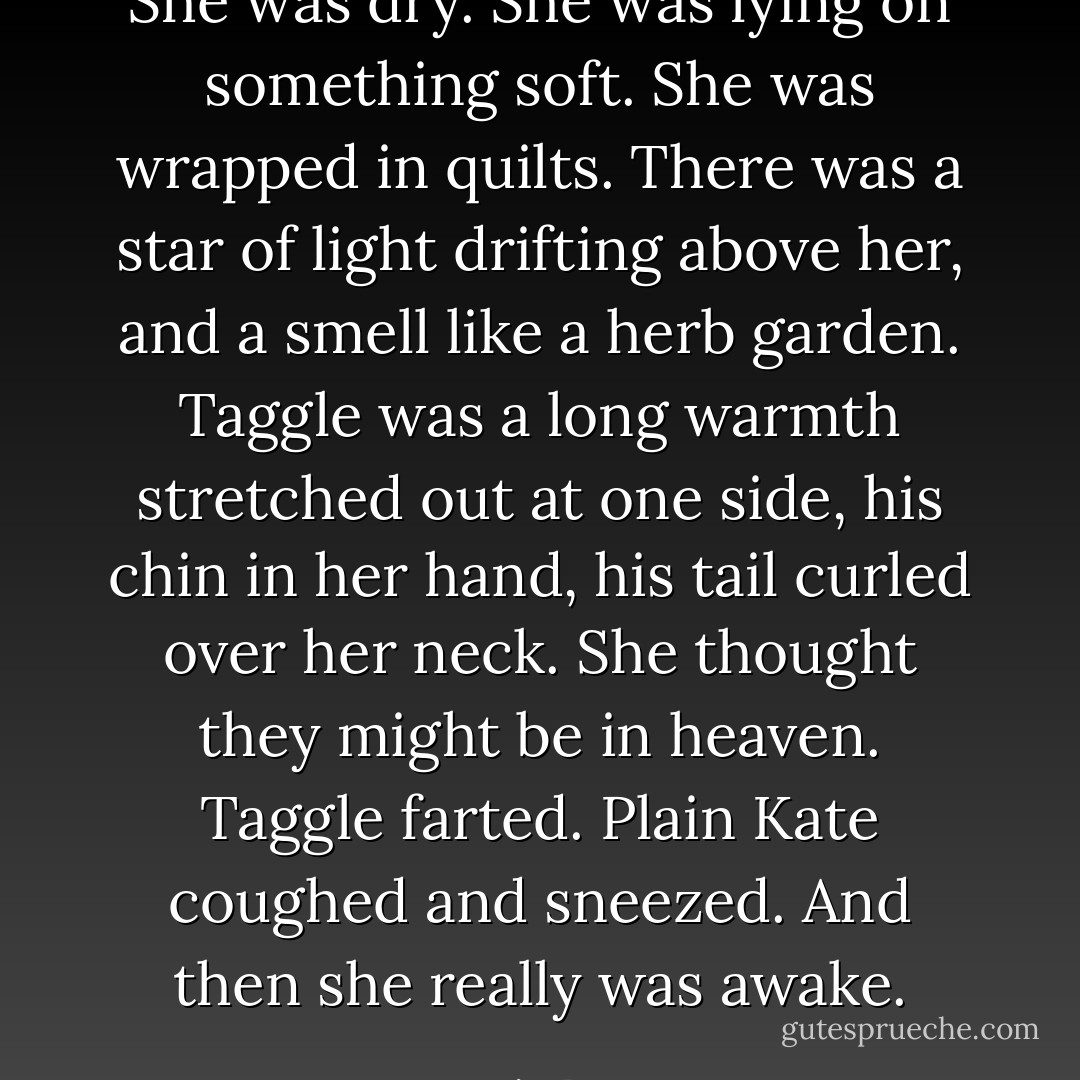 She was dry. She was lying on something soft. She was wrapped in quilts. There was a star of light drifting above her, and a smell like a herb garden. Taggle was a long warmth stretched out at one side, his chin in her hand, his tail curled over her neck. She thought they might be in heaven.<br />Taggle farted.<br />Plain Kate coughed and sneezed. And then she really was awake. - Erin Bow
