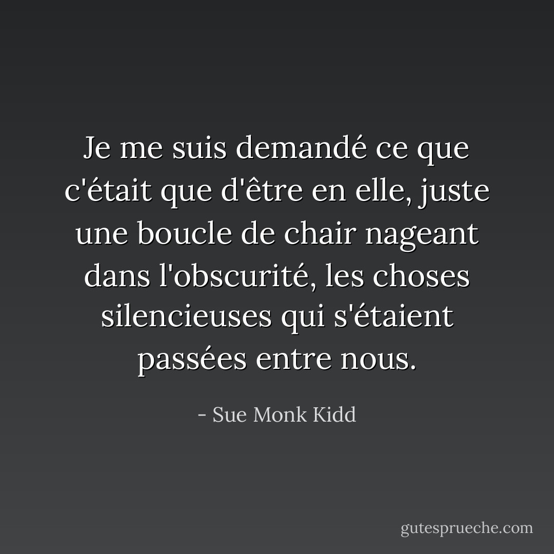 Je me suis demandé ce que c'était que d'être en elle, juste une boucle de chair nageant dans l'obscurité, les choses silencieuses qui s'étaient passées entre nous. - Sue Monk Kidd
