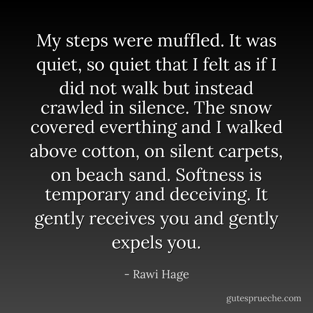 My steps were muffled. It was quiet, so quiet that I felt as if I did not walk but instead crawled in silence. The snow covered everthing and I walked above cotton, on silent carpets, on beach sand. Softness is temporary and deceiving. It gently receives you and gently expels you. - Rawi Hage