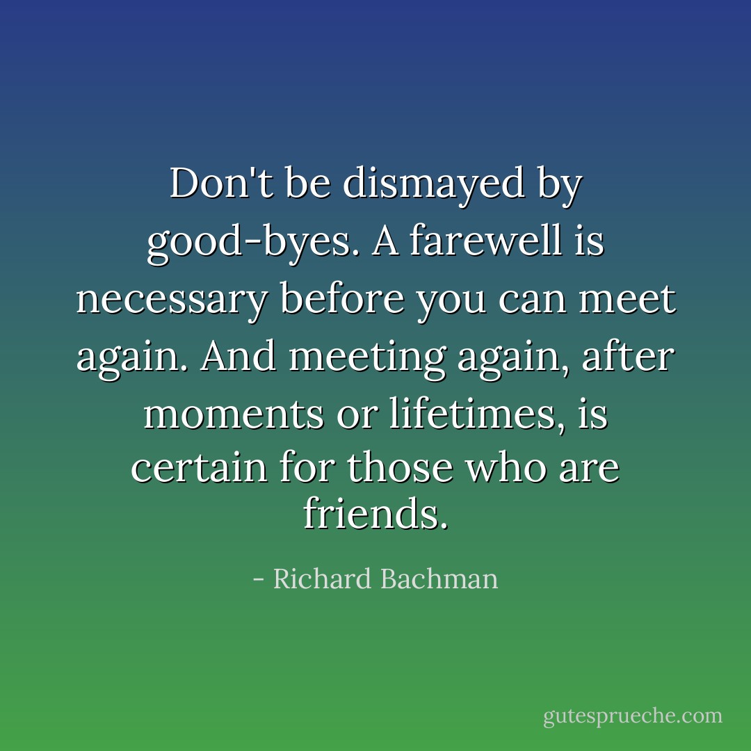 Don't be dismayed by good-byes. A farewell is necessary before you can meet again. And meeting again, after moments or lifetimes, is certain for those who are friends. - Richard Bachman