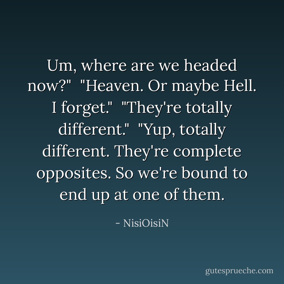 Um, where are we headed now?"<br /><br />"Heaven. Or maybe Hell. I forget."<br /><br />"They're totally different."<br /><br />"Yup, totally different. They're complete opposites. So we're bound to end up at one of them. - NisiOisiN