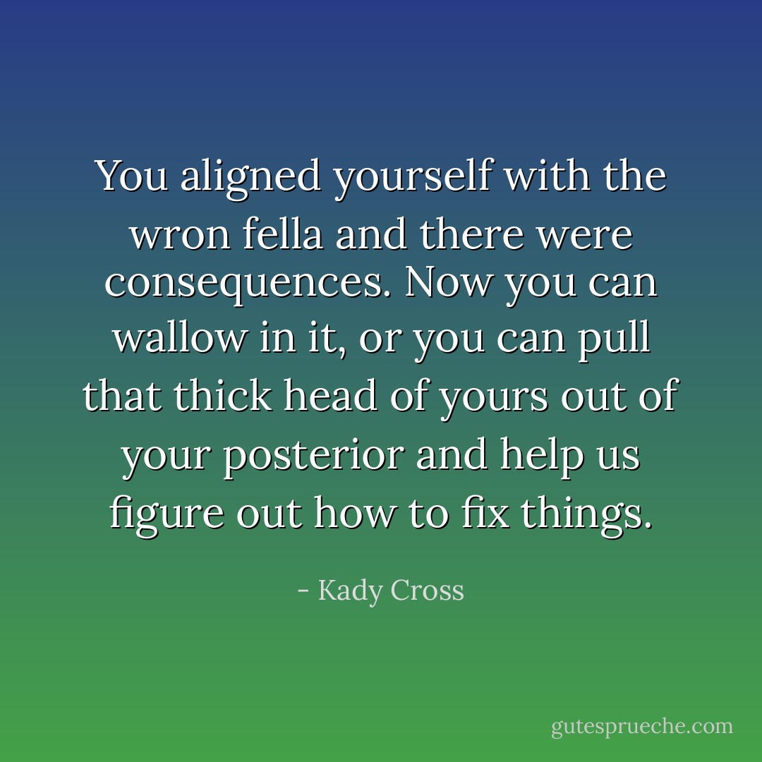 You aligned yourself with the wron fella and there were consequences. Now you can wallow in it, or you can pull that thick head of yours out of your posterior and help us figure out how to fix things. - Kady Cross