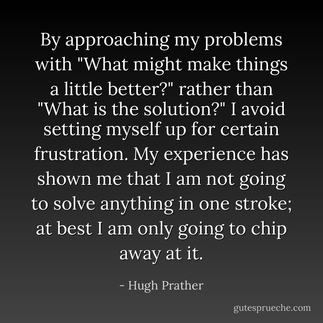By approaching my problems with "What might make things a little better?" rather than "What is the solution?" I avoid setting myself up for certain frustration. My experience has shown me that I am not going to solve anything in one stroke; at best I am only going to chip away at it. - Hugh Prather