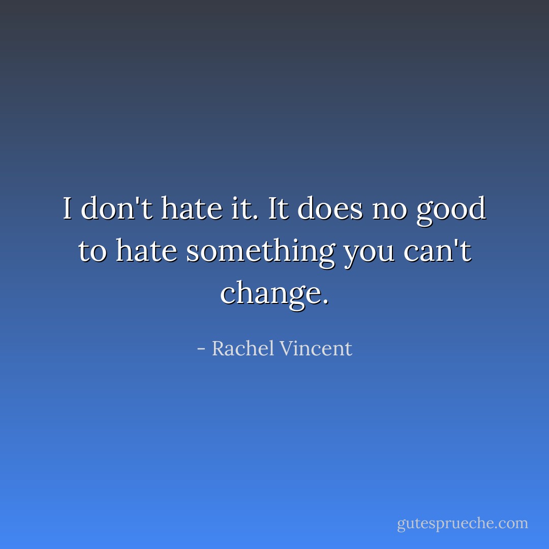 I don't hate it. It does no good to hate something you can't change. - Rachel Vincent