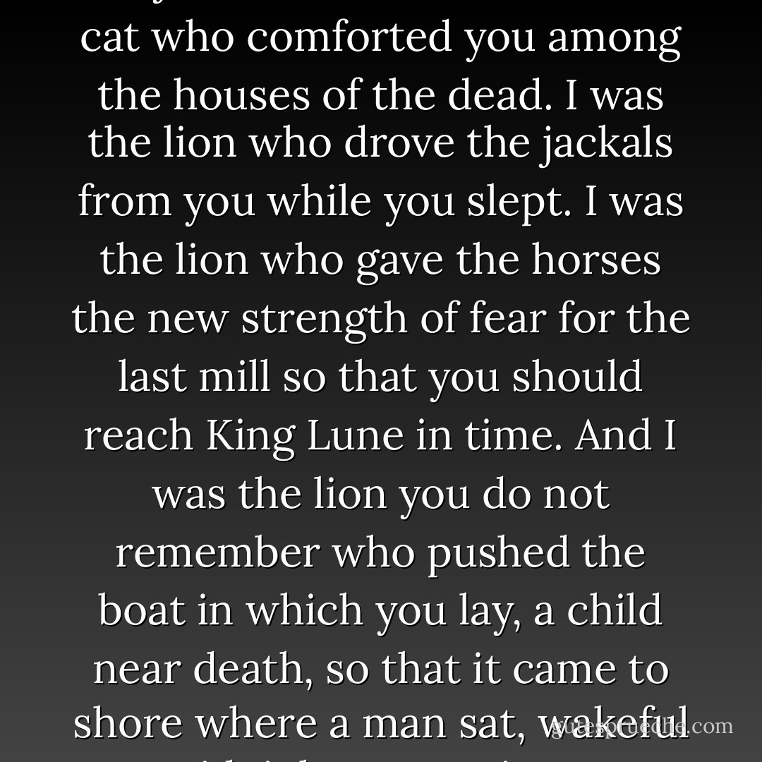 I was the lion who forced you to join with Aravis. I was the cat who comforted you among the houses of the dead. I was the lion who drove the jackals from you while you slept. I was the lion who gave the horses the new strength of fear for the last mill so that you should reach King Lune in time. And I was the lion you do not remember who pushed the boat in which you lay, a child near death, so that it came to shore where a man sat, wakeful at midnight, to receive you. - C.S. Lewis