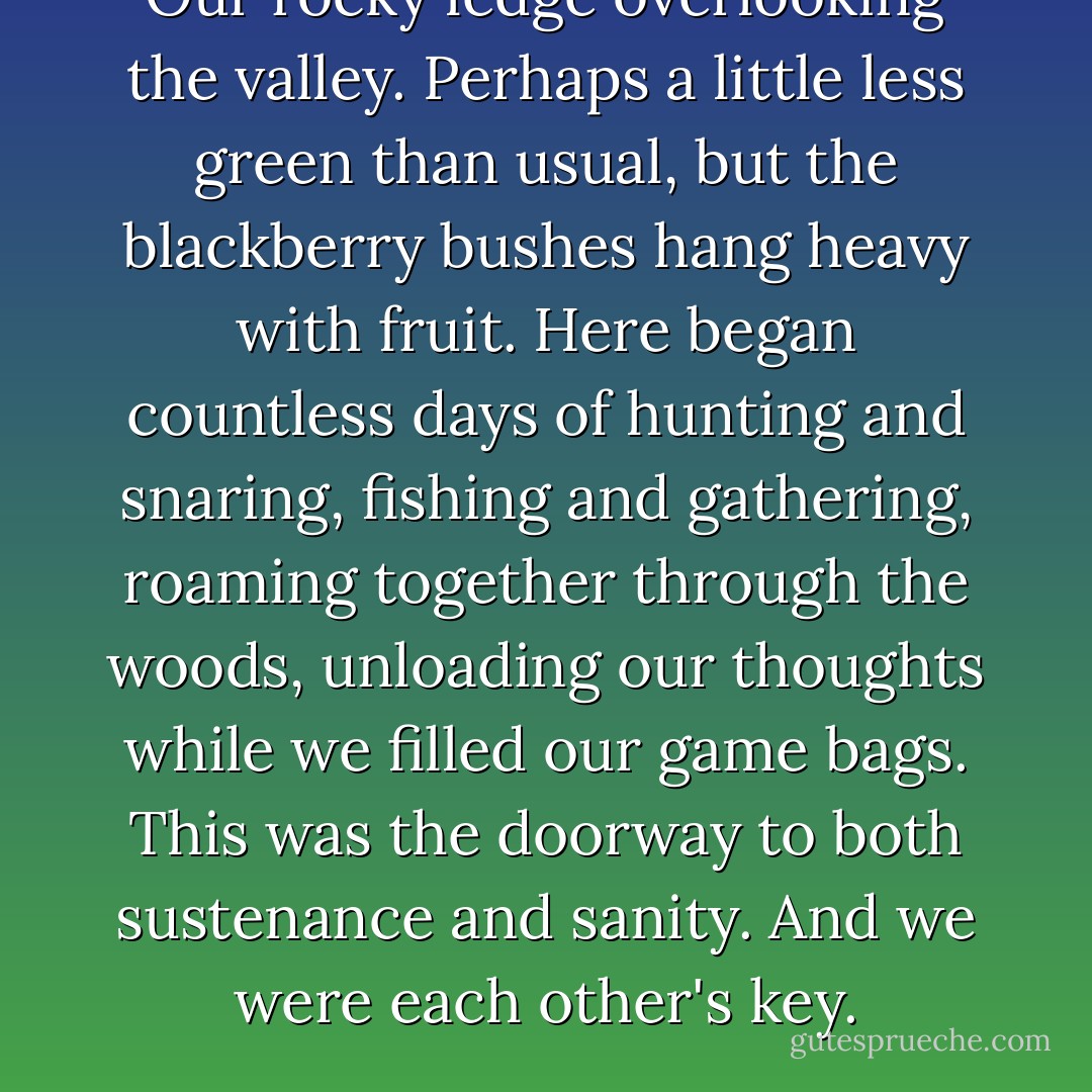 Our rocky ledge overlooking the valley. Perhaps a little less green than usual, but the blackberry bushes hang heavy with fruit. Here began countless days of hunting and snaring, fishing and gathering, roaming together through the woods, unloading our thoughts while we filled our game bags. This was the doorway to both sustenance and sanity. And we were each other's key. - Suzanne Collins