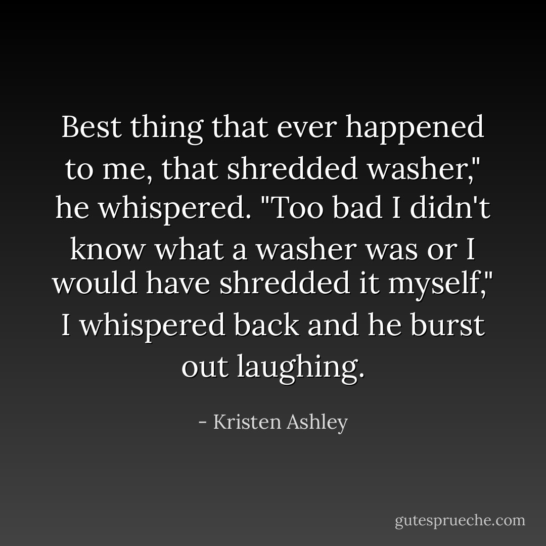 Best thing that ever happened to me, that shredded washer," he whispered.<br />"Too bad I didn't know what a washer was or I would have shredded it myself," I whispered back and he burst out laughing. - Kristen Ashley