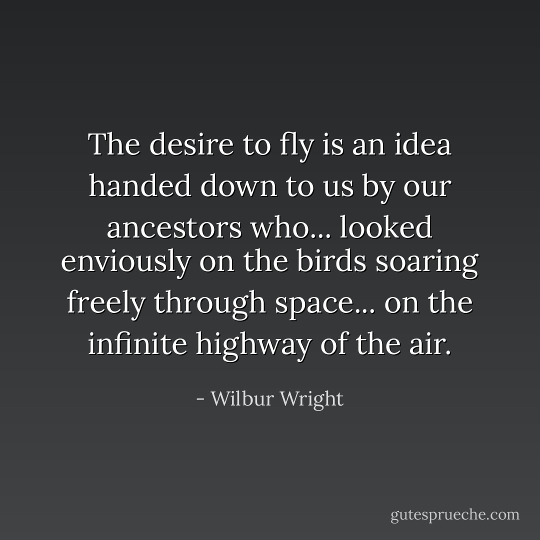 The desire to fly is an idea handed down to us by our ancestors who... looked enviously on the birds soaring freely through space... on the infinite highway of the air. - Wilbur Wright