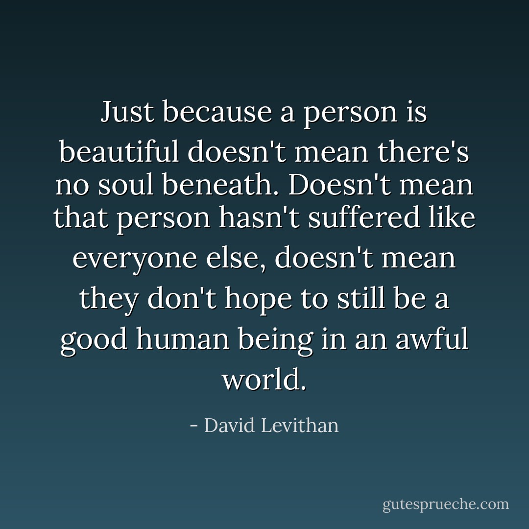 Just because a person is beautiful doesn't mean there's no soul beneath. Doesn't mean that person hasn't suffered like everyone else, doesn't mean they don't hope to still be a good human being in an awful world. - David Levithan