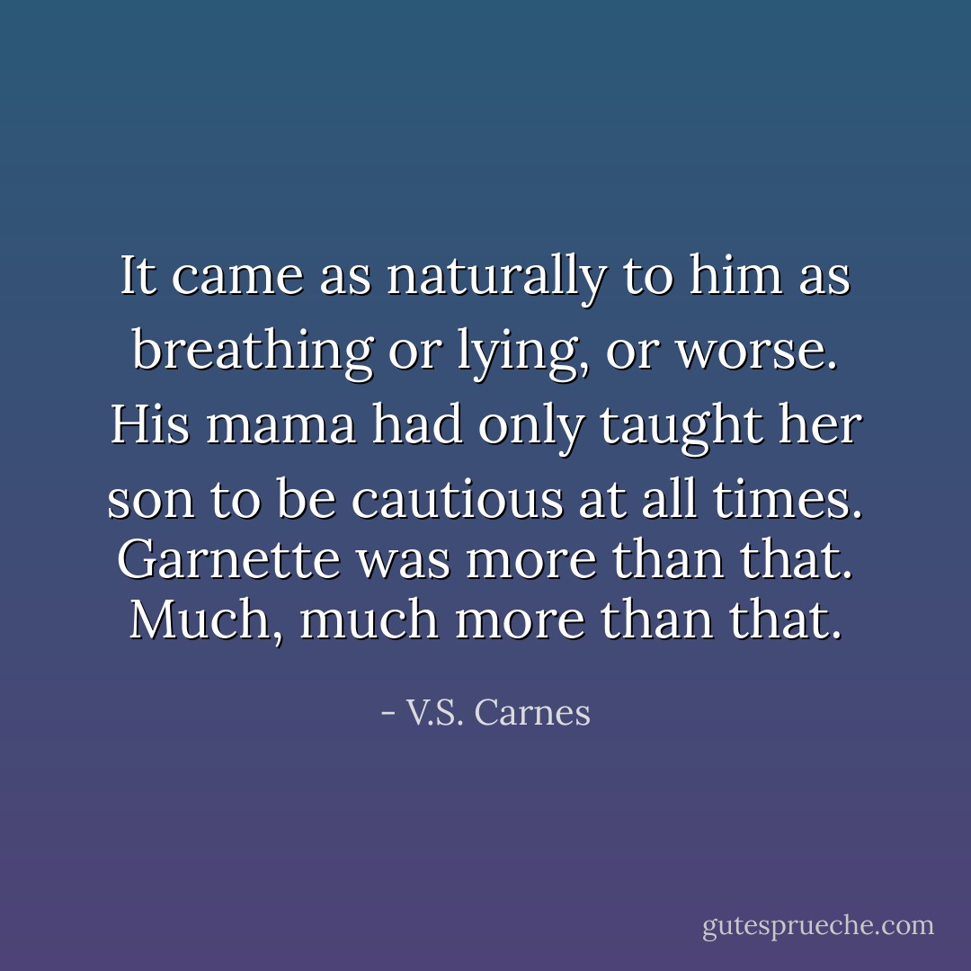 It came as naturally to him as breathing or lying, or worse. His mama had only taught her son to be cautious at all times. Garnette was more than that. Much, much more than that. - V.S. Carnes