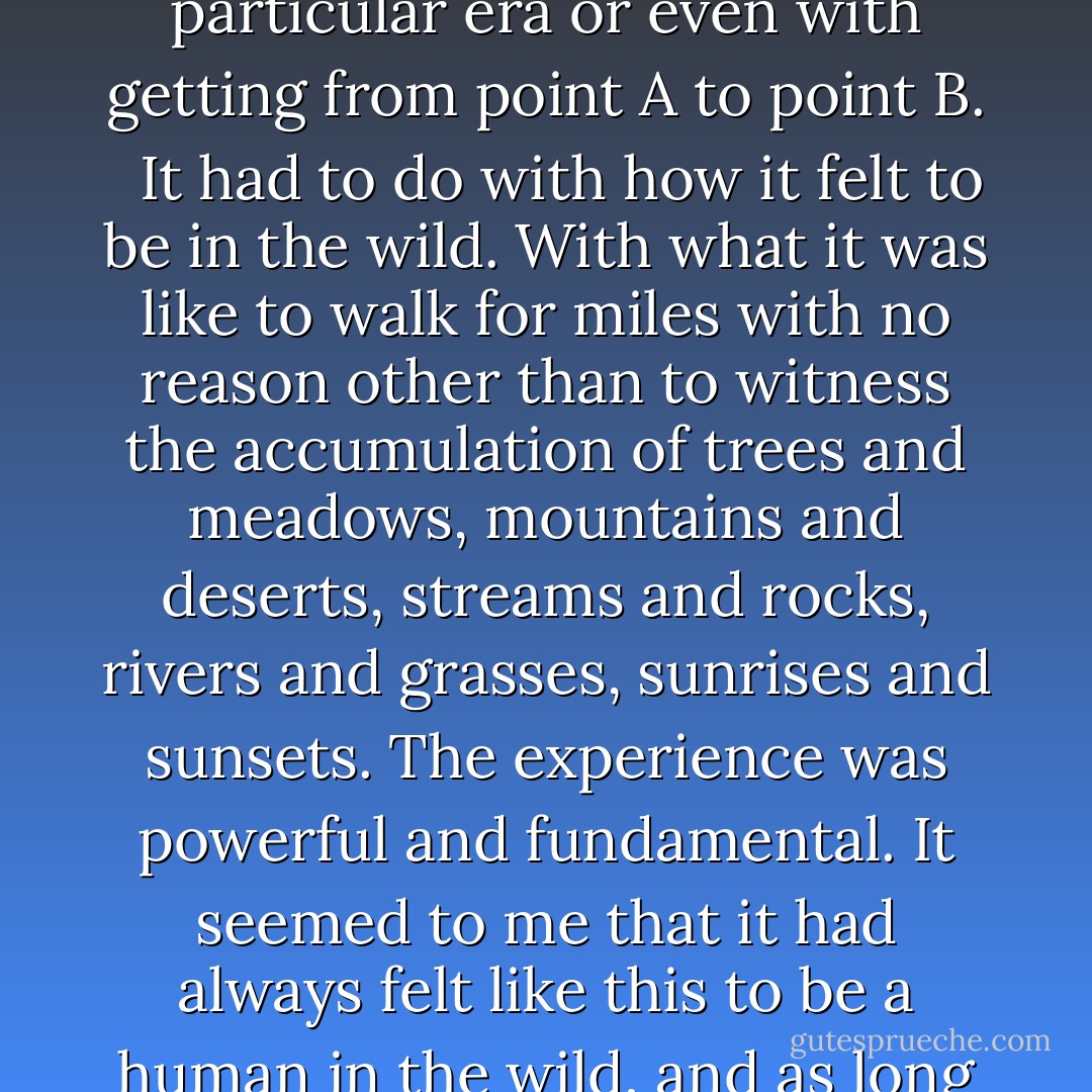 It had nothing to do with gear or footwear or the backpacking fads or philosophies of any particular era or even with getting from point A to point B. <br /><br />It had to do with how it felt to be in the wild. With what it was like to walk for miles with no reason other than to witness the accumulation of trees and meadows, mountains and deserts, streams and rocks, rivers and grasses, sunrises and sunsets. The experience was powerful and fundamental. It seemed to me that it had always felt like this to be a human in the wild, and as long as the wild existed it would always feel this way. - Cheryl Strayed