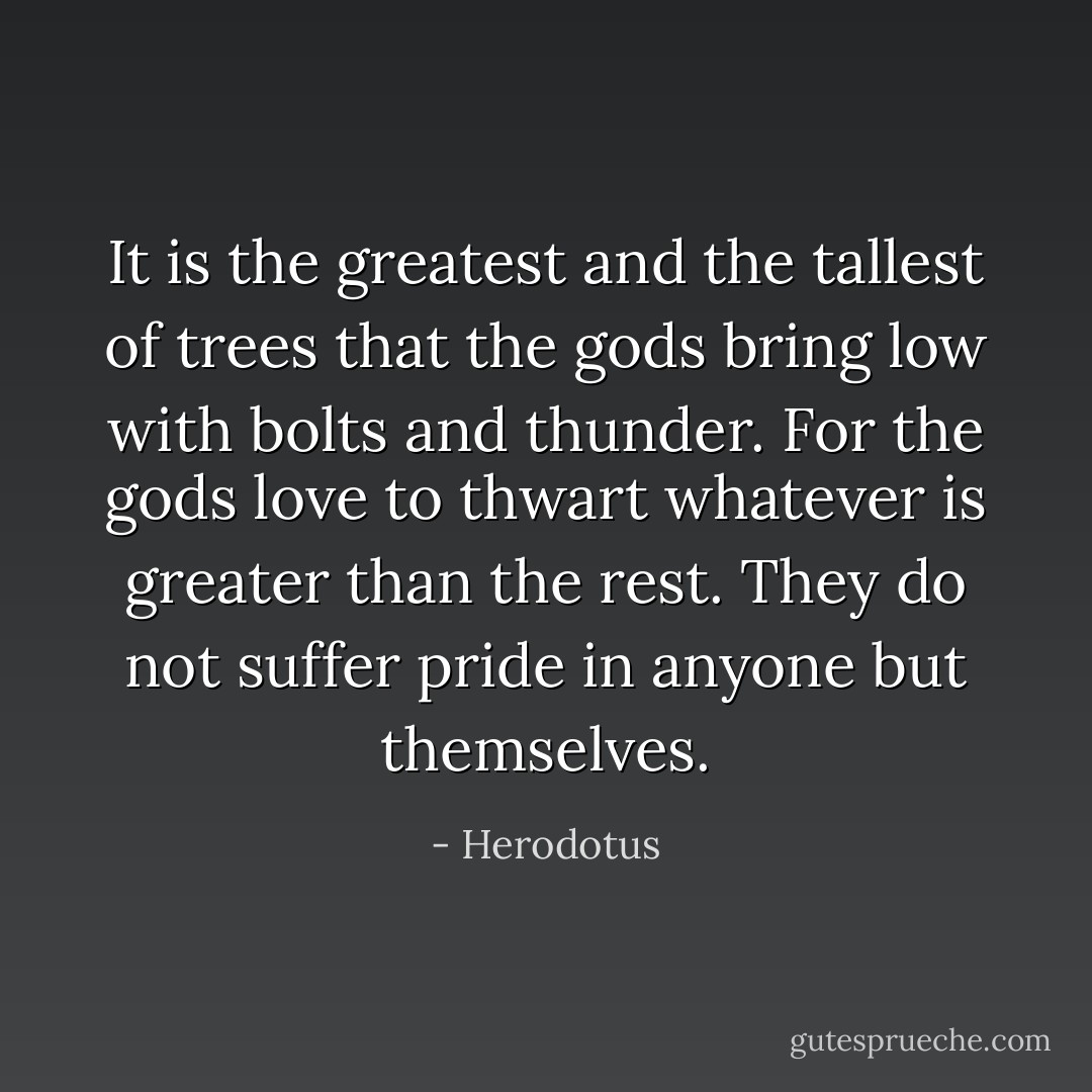 It is the greatest and the tallest of trees that the gods bring low with bolts and thunder. For the gods love to thwart whatever is greater than the rest. They do not suffer pride in anyone but themselves. - Herodotus