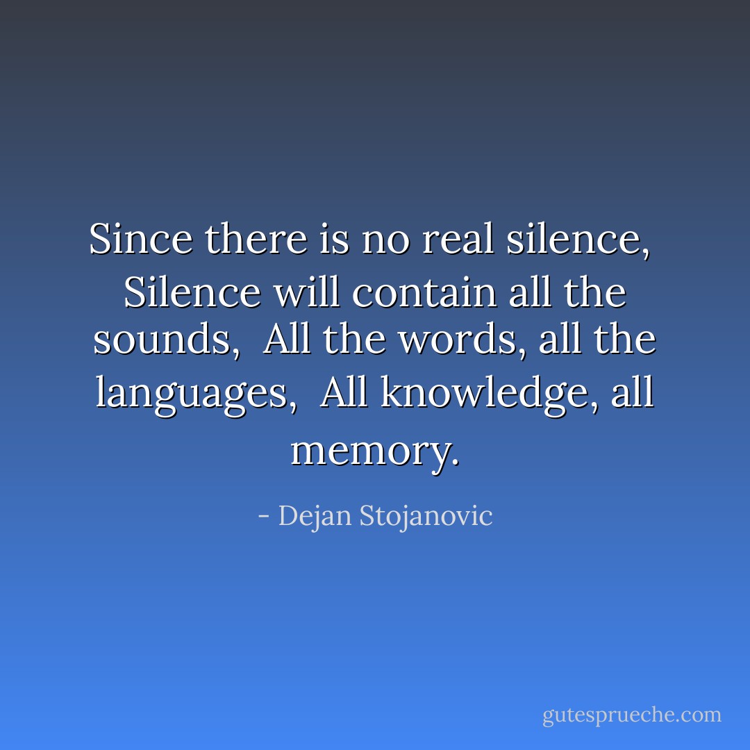 Since there is no real silence, <br />Silence will contain all the sounds, <br />All the words, all the languages, <br />All knowledge, all memory. - Dejan Stojanovic