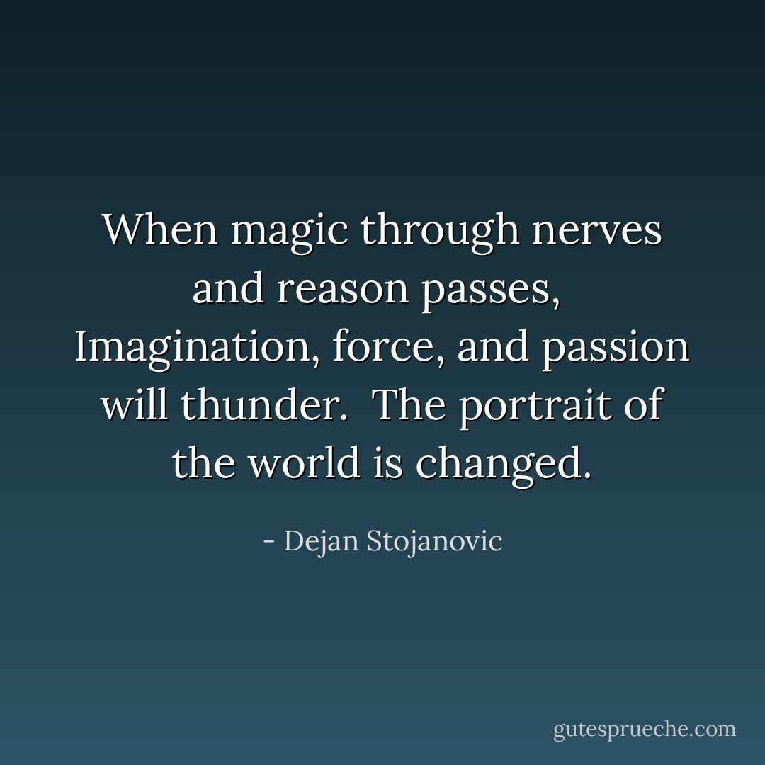 When magic through nerves and reason passes, <br />Imagination, force, and passion will thunder. <br />The portrait of the world is changed. - Dejan Stojanovic