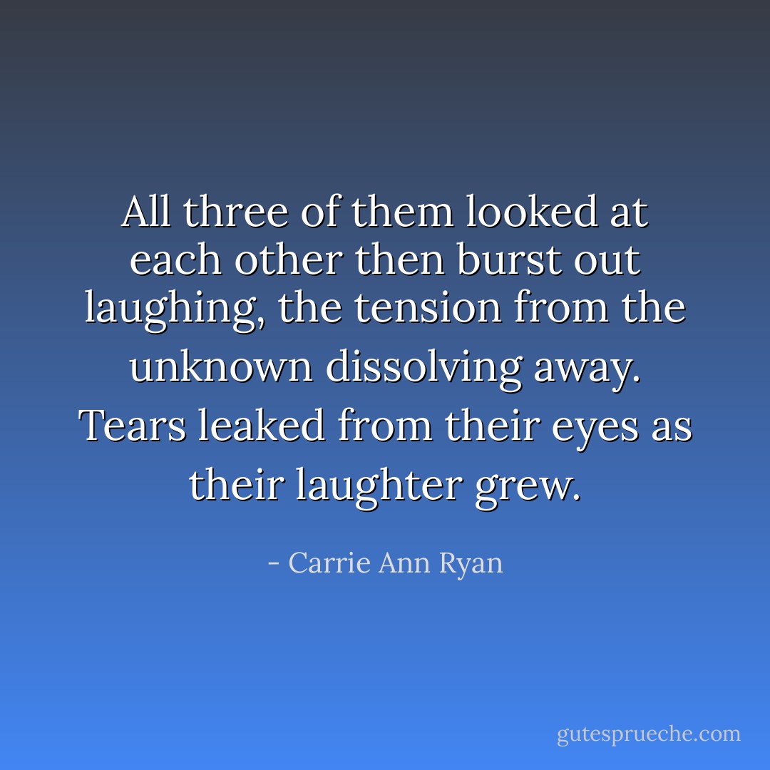 All three of them looked at each other then burst out laughing, the tension from the unknown dissolving away. Tears leaked from their eyes as their laughter grew. - Carrie Ann Ryan
