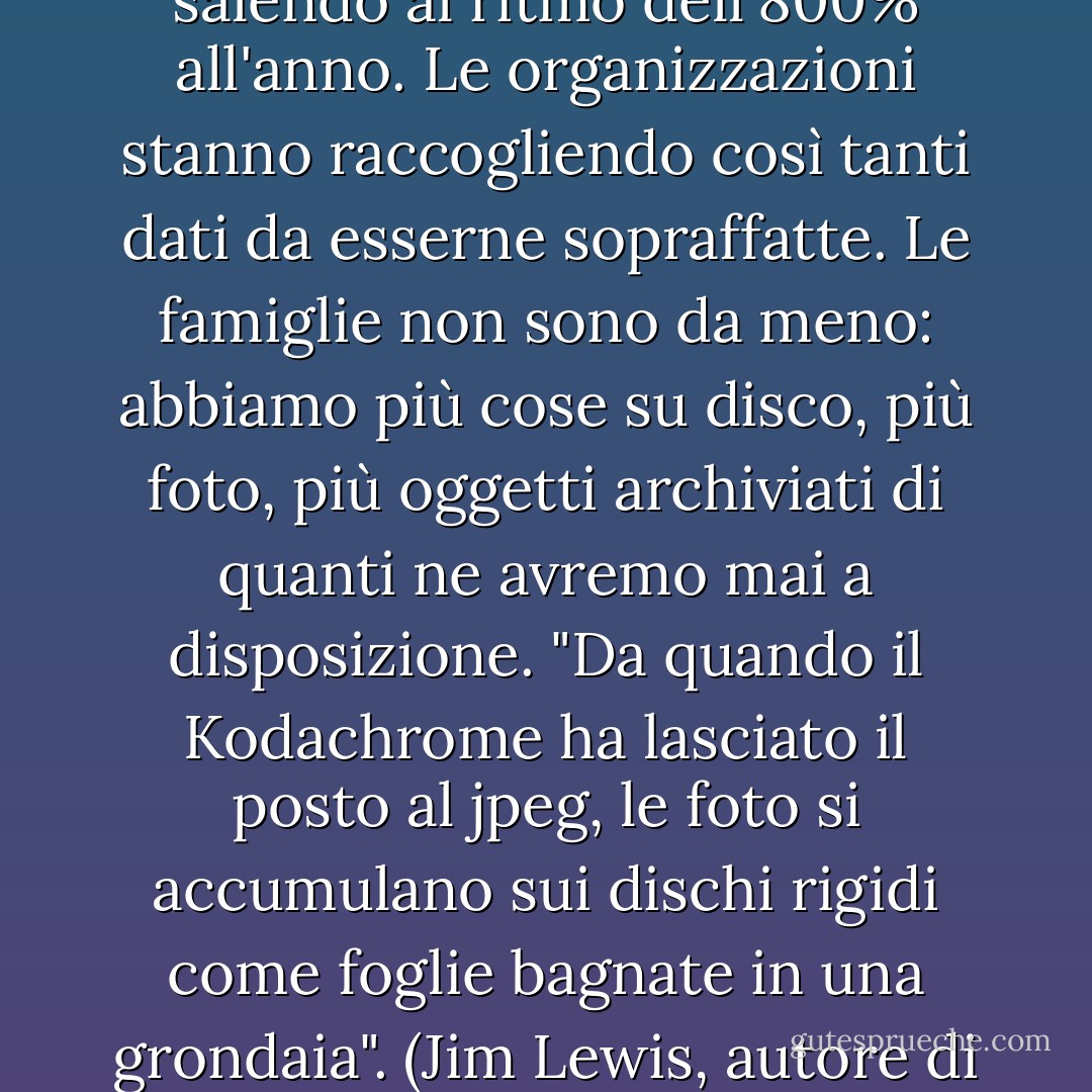 Secondo alcune stime, la curva dell'archiviazione dei dati sta salendo al ritmo dell'800% all'anno. Le organizzazioni stanno raccogliendo così tanti dati da esserne sopraffatte. Le famiglie non sono da meno: abbiamo più cose su disco, più foto, più oggetti archiviati di quanti ne avremo mai a disposizione. "Da quando il Kodachrome ha lasciato il posto al jpeg, le foto si accumulano sui dischi rigidi come foglie bagnate in una grondaia". (Jim Lewis, autore di "The King is Dead") - Jeff Davidson