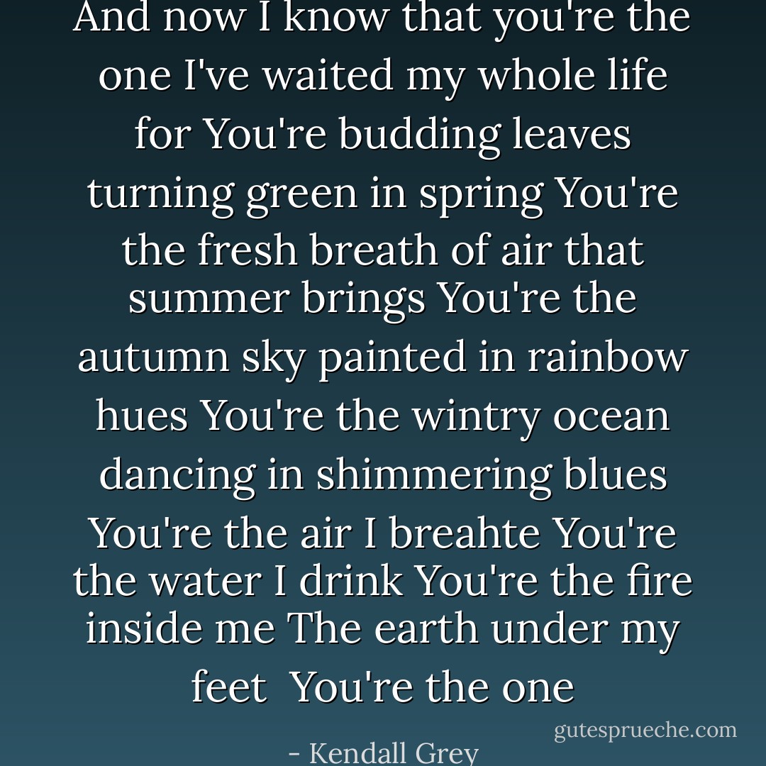 And now I know that you're the one<br />I've waited my whole life for<br />You're budding leaves turning green in spring<br />You're the fresh breath of air that summer brings<br />You're the autumn sky painted in rainbow hues<br />You're the wintry ocean dancing in shimmering blues<br />You're the air I breahte<br />You're the water I drink<br />You're the fire inside me<br />The earth under my feet <br />You're the one - Kendall Grey