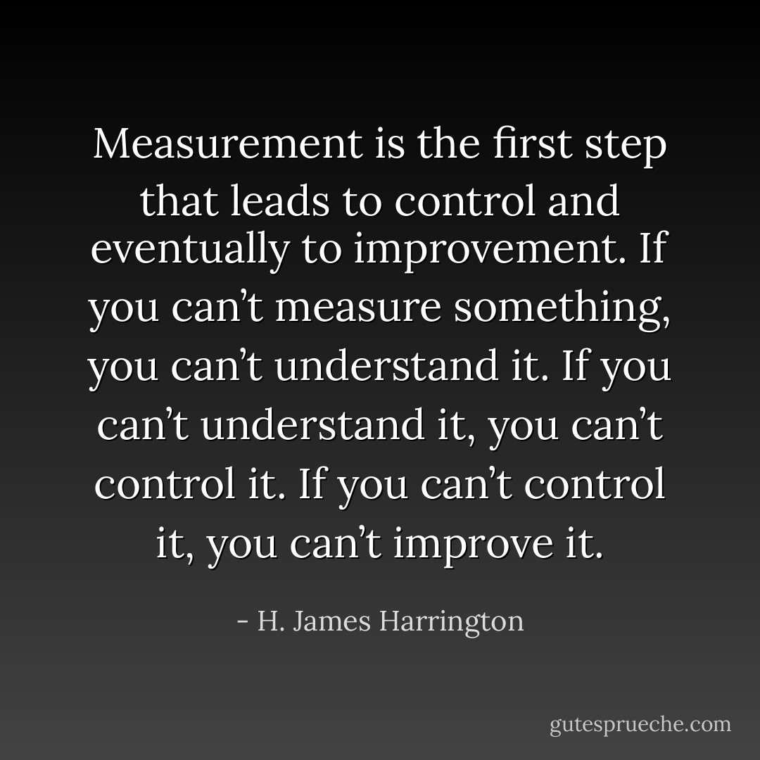 Measurement is the first step that leads to control and eventually to improvement. If you can’t measure something, you can’t understand it. If you can’t understand it, you can’t control it. If you can’t control it, you can’t improve it. - H. James Harrington