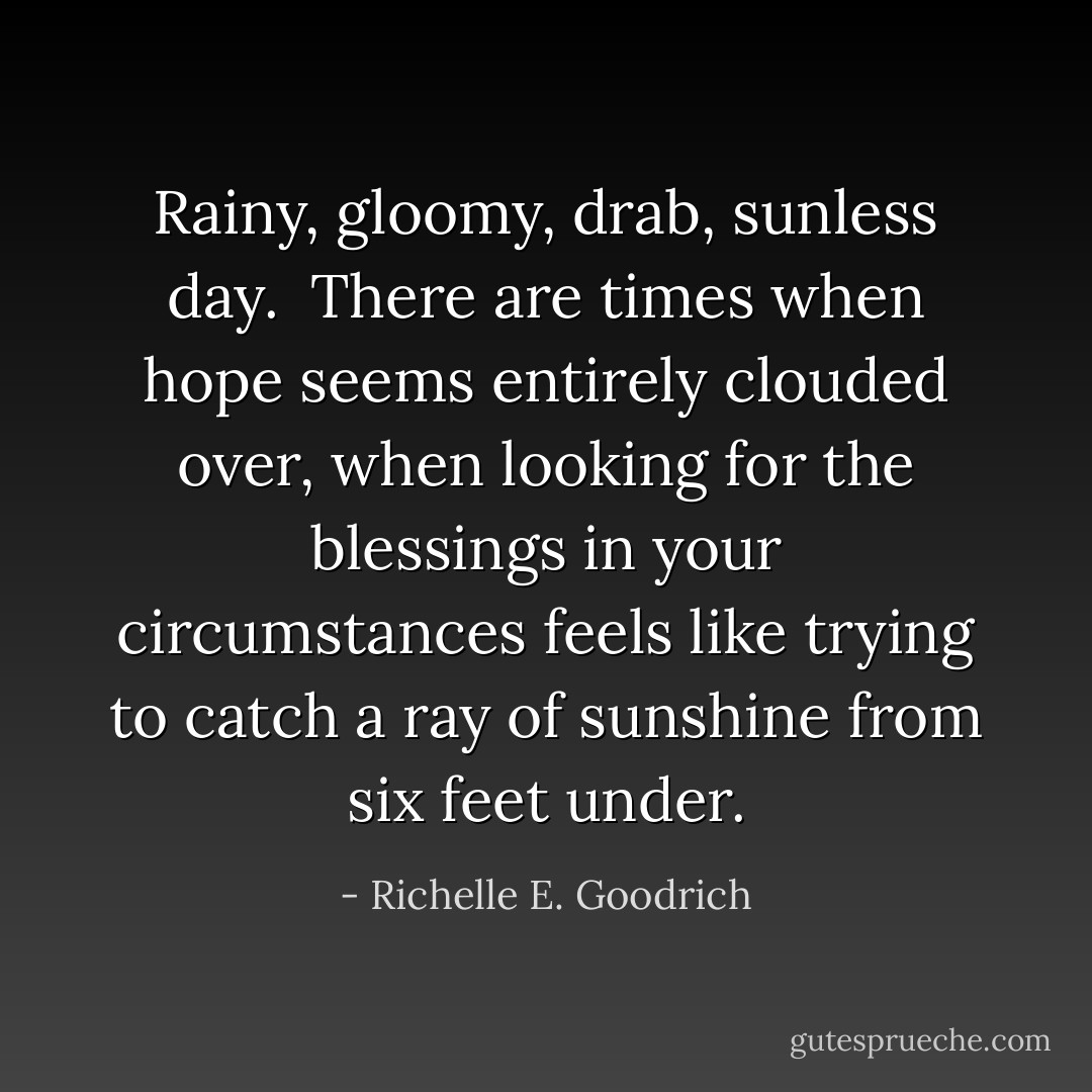 Rainy, gloomy, drab, sunless day.  There are times when hope seems entirely clouded over, when looking for the blessings in your circumstances feels like trying to catch a ray of sunshine from six feet under. - Richelle E. Goodrich