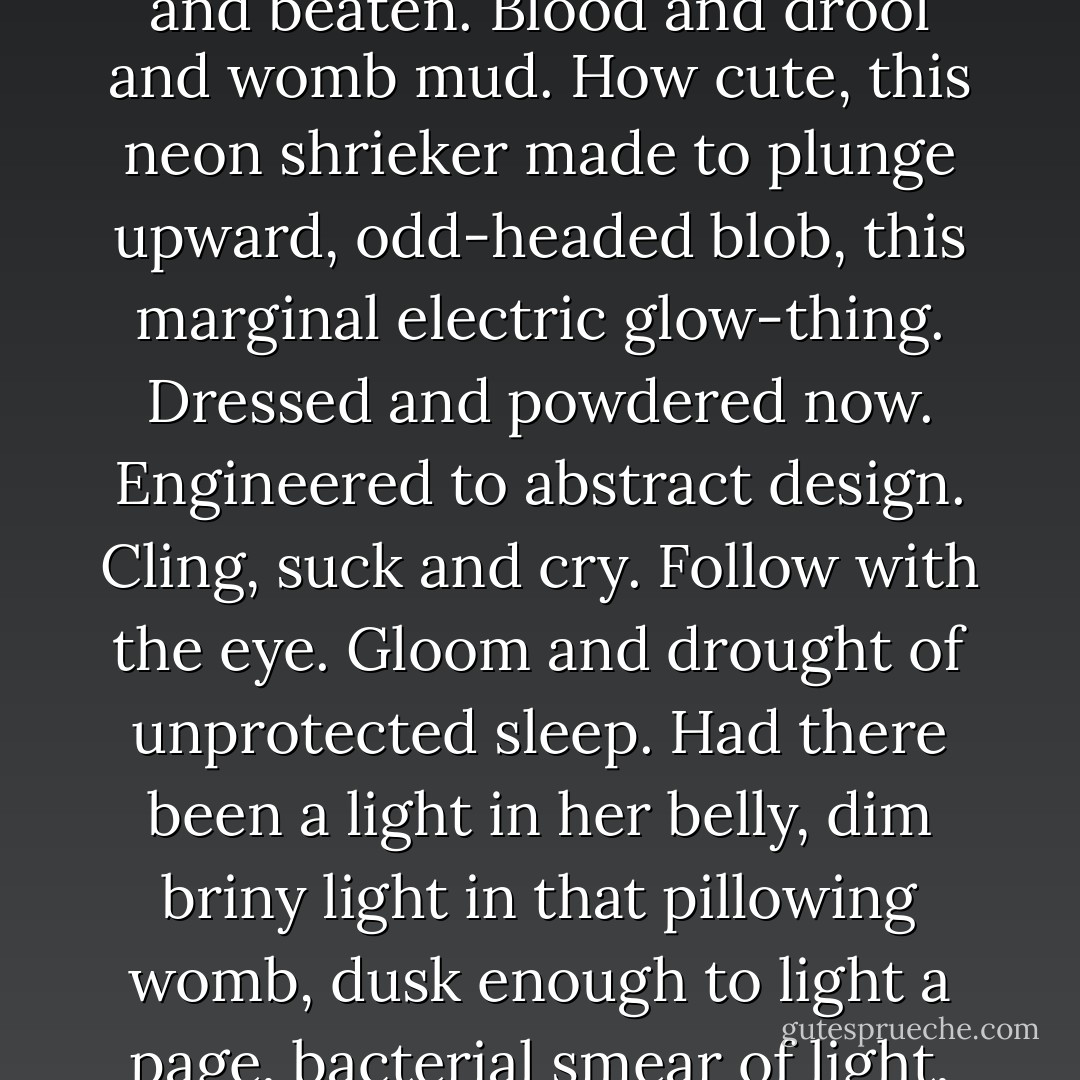 Billy tried to imagine the birth of Cyril's wife's baby. It would happen in grim lights violently. A dripping thing trying to clutch to its hole. Dredged up and beaten. Blood and drool and womb mud. How cute, this neon shrieker made to plunge upward, odd-headed blob, this marginal electric glow-thing. Dressed and powdered now. Engineered to abstract design. Cling, suck and cry. Follow with the eye. Gloom and drought of unprotected sleep. Had there been a light in her belly, dim briny light in that pillowing womb, dusk enough to light a page, bacterial smear of light, an amniotic gleam that I could taste, old, deep, wet and warm? Return, return to negative unity. - Don DeLillo