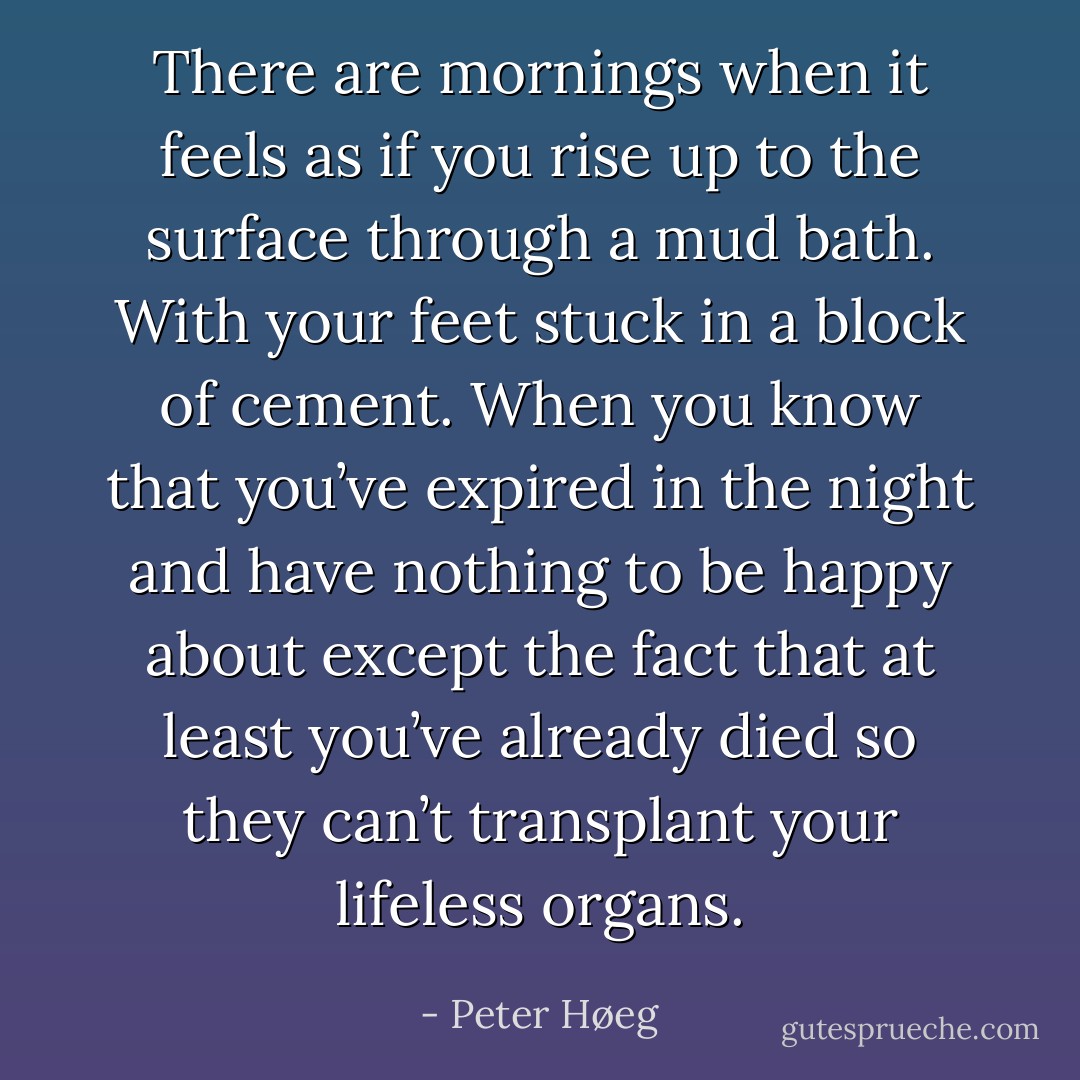 There are mornings when it feels as if you rise up to the surface through a mud bath. With your feet stuck in a block of cement. When you know that you’ve expired in the night and have nothing to be happy about except the fact that at least you’ve already died so they can’t transplant your lifeless organs. - Peter Høeg