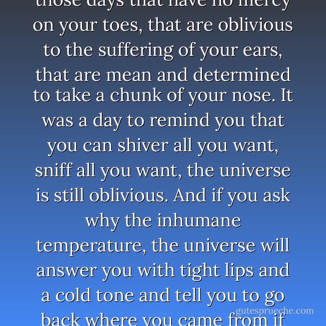 I waited, hesitant to go out into the cold again. It was one of those days that have no mercy on your toes, that are oblivious to the suffering of your ears, that are mean and determined to take a chunk of your nose. It was a day to remind you that you can shiver all you want, sniff all you want, the universe is still oblivious. And if you ask why the inhumane temperature, the universe will answer you with tight lips and a cold tone and tell you to go back where you came from if you do not like it here. - Rawi Hage