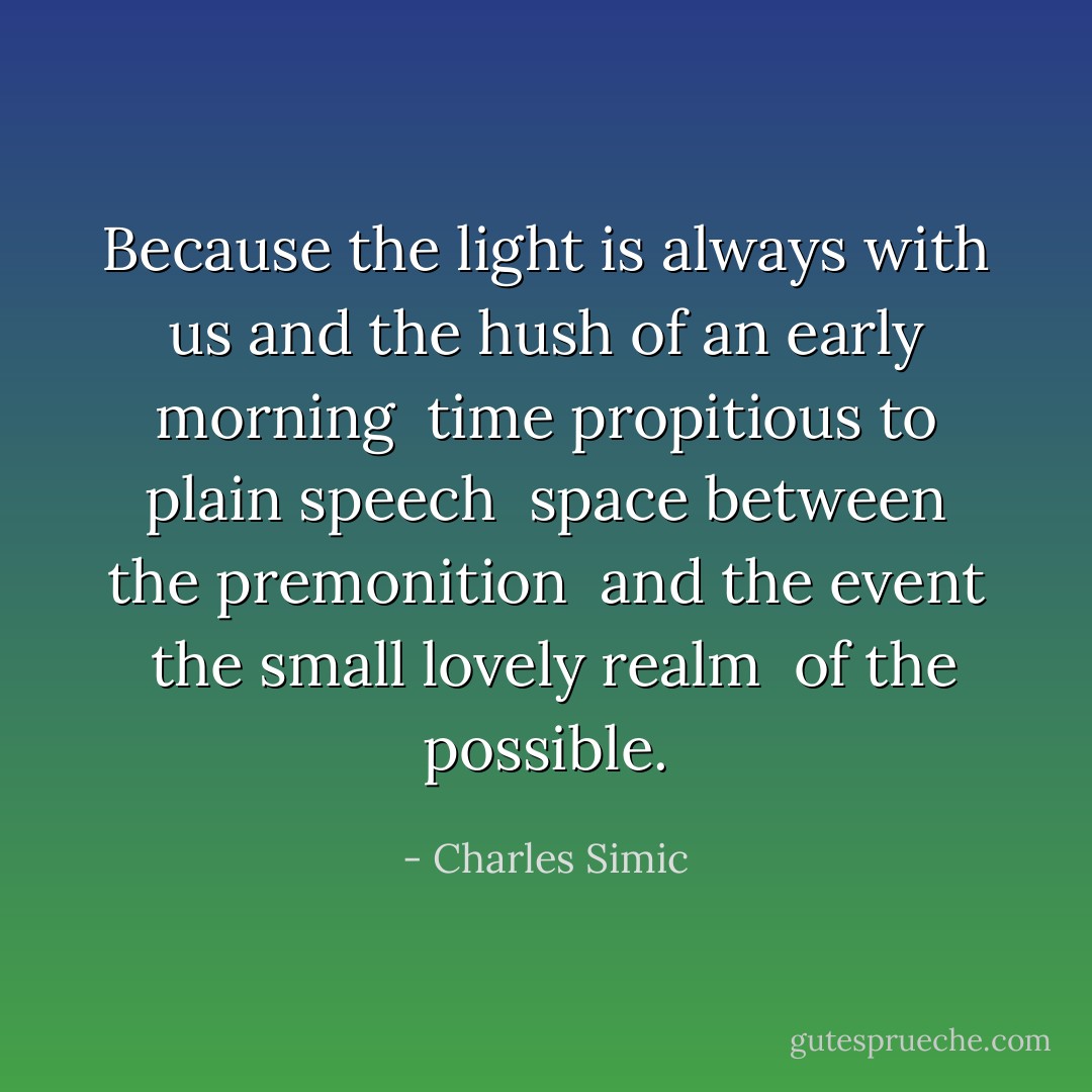 Because the light is always with us<br />and the hush of an early morning<br /><br />time propitious to plain speech<br /><br />space between the premonition <br />and the event<br /><br />the small lovely realm <br />of the possible. - Charles Simic